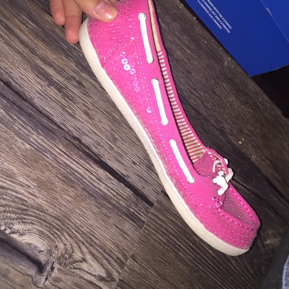 Size 8 pink and white slip on
